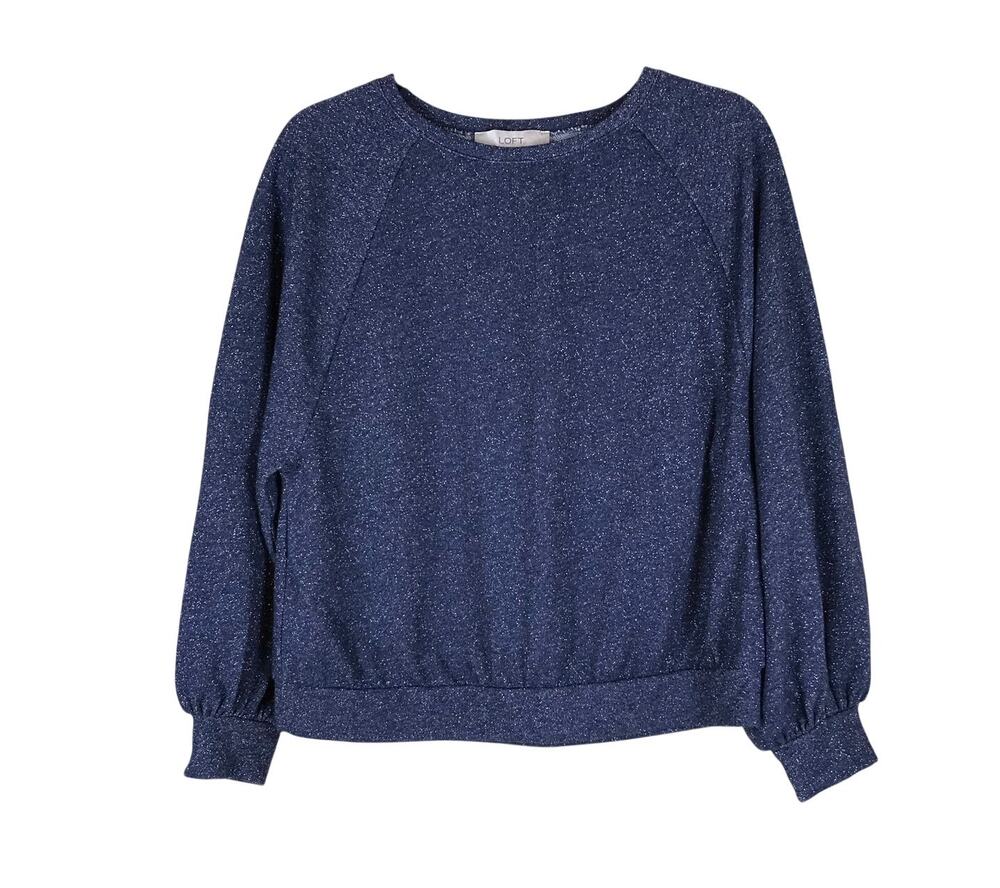 LOFT Sweater Women’s Small Blue Cotton Crewneck Pullover Bishop Sleeve Casual